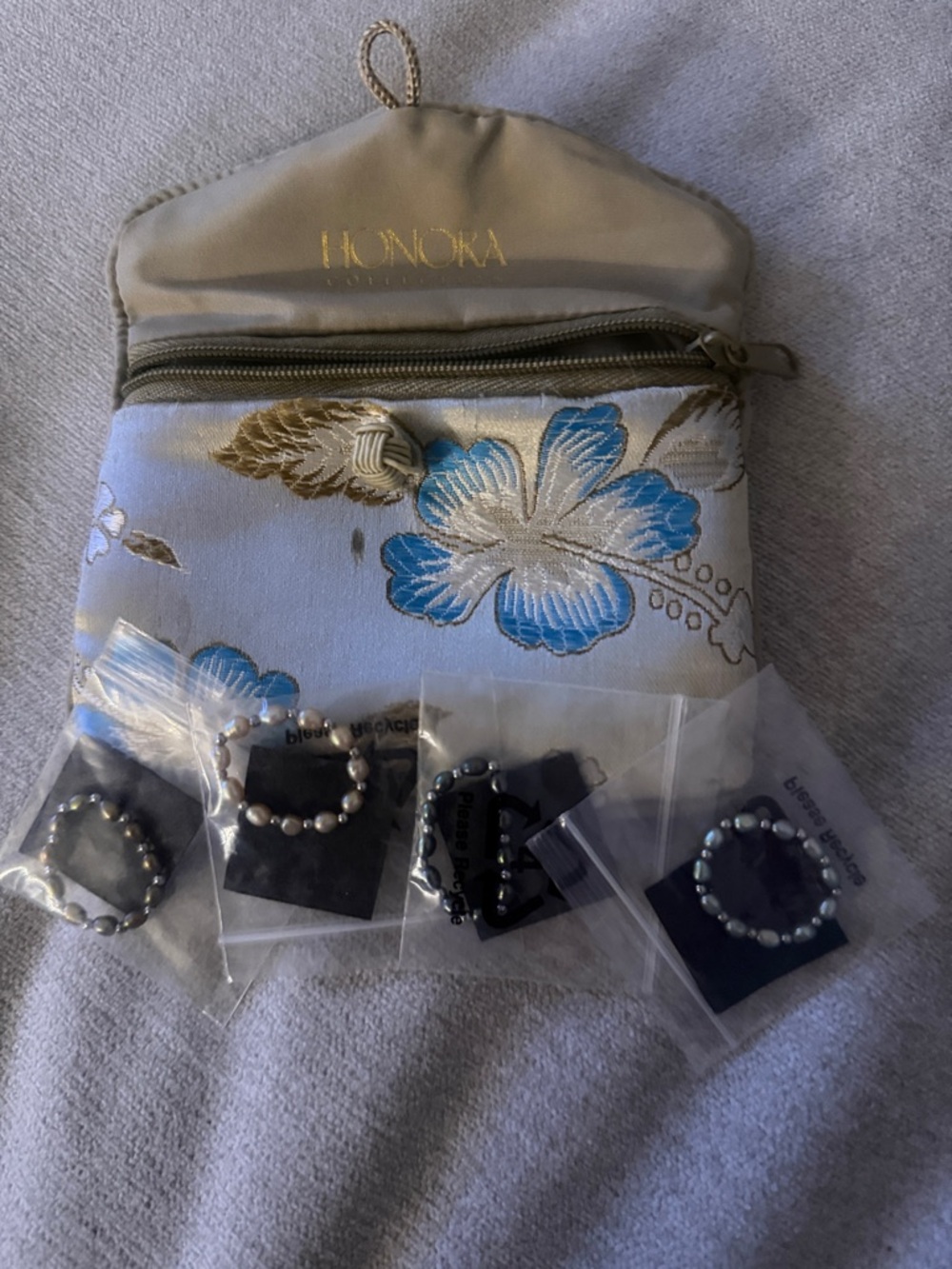 Honoka Floral Jewelry Pouch with Blue & Gold Embroidered Flowers